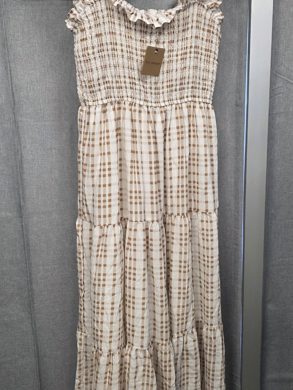 Blu Pepper Cream and Tan Plaid Maxi Dress